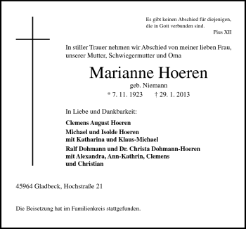 Traueranzeige von Marianne Hoeren von Neue Osnabrücker Zeitung GmbH & Co. KG