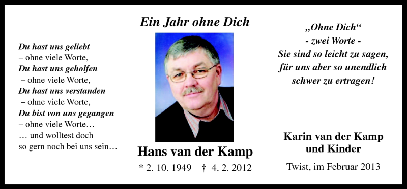  Traueranzeige für Hans van der Kamp vom 04.02.2013 aus Neue Osnabrücker Zeitung GmbH & Co. KG