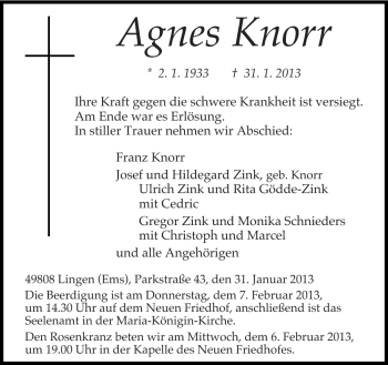 Traueranzeige von Agnes Knorr von Neue Osnabrücker Zeitung GmbH & Co. KG