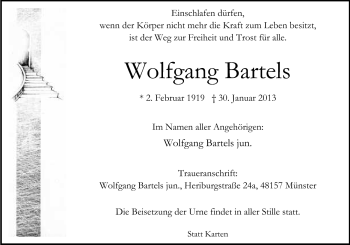 Traueranzeige von Wolfgang Bartels von Neue Osnabrücker Zeitung GmbH & Co. KG