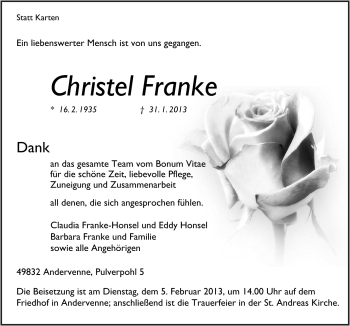 Traueranzeige von Christel Franke von Neue Osnabrücker Zeitung GmbH & Co. KG