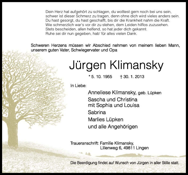  Traueranzeige für Jürgen Klimansky vom 05.02.2013 aus Neue Osnabrücker Zeitung GmbH & Co. KG