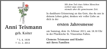Traueranzeige von Anni Teismann von Neue Osnabrücker Zeitung GmbH & Co. KG