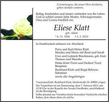 Traueranzeige von Eliese Klatte von Neue Osnabrücker Zeitung GmbH & Co. KG