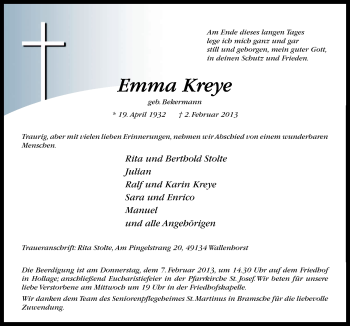 Traueranzeige von Emma Kreye von Neue Osnabrücker Zeitung GmbH & Co. KG