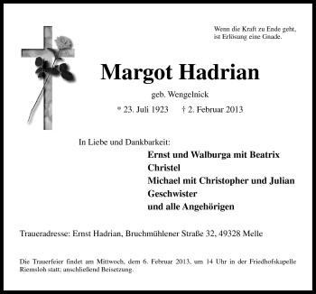 Traueranzeige von Margot Hadrian von Neue Osnabrücker Zeitung GmbH & Co. KG