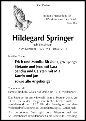 Traueranzeige von Hildegard Springer von Neue Osnabrücker Zeitung GmbH & Co. KG