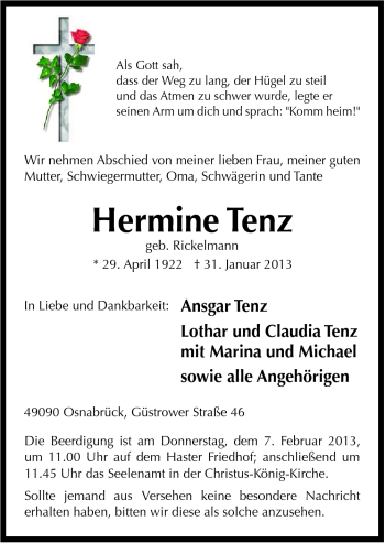 Traueranzeige von Hermine Tenz von Neue Osnabrücker Zeitung GmbH & Co. KG