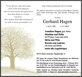 Traueranzeige von Gerhard Hagen von Neue Osnabrücker Zeitung GmbH & Co. KG
