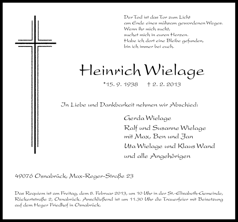  Traueranzeige für Heinrich Wielage vom 04.02.2013 aus Neue Osnabrücker Zeitung GmbH & Co. KG