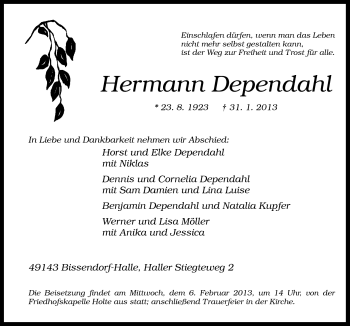 Traueranzeige von Hermann Dependahl von Neue Osnabrücker Zeitung GmbH & Co. KG