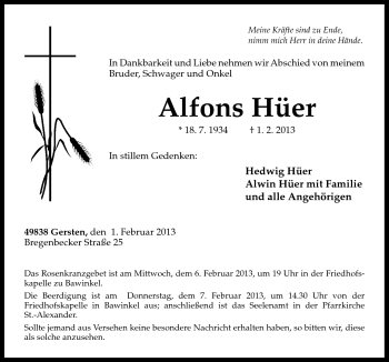 Traueranzeige von Alfons Hüer von Neue Osnabrücker Zeitung GmbH & Co. KG