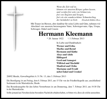 Traueranzeige von Hermann Kleemann von Neue Osnabrücker Zeitung GmbH & Co. KG