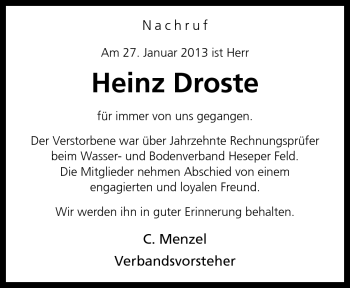 Traueranzeige von Heinz Droste von Neue Osnabrücker Zeitung GmbH & Co. KG