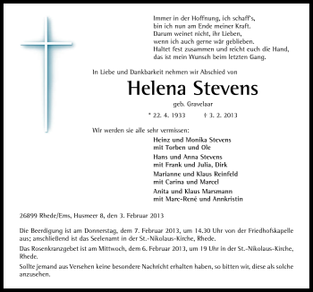 Traueranzeige von Helena Stevens von Neue Osnabrücker Zeitung GmbH & Co. KG