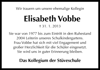 Traueranzeige von Elisabeth Vobbe von Neue Osnabrücker Zeitung GmbH & Co. KG
