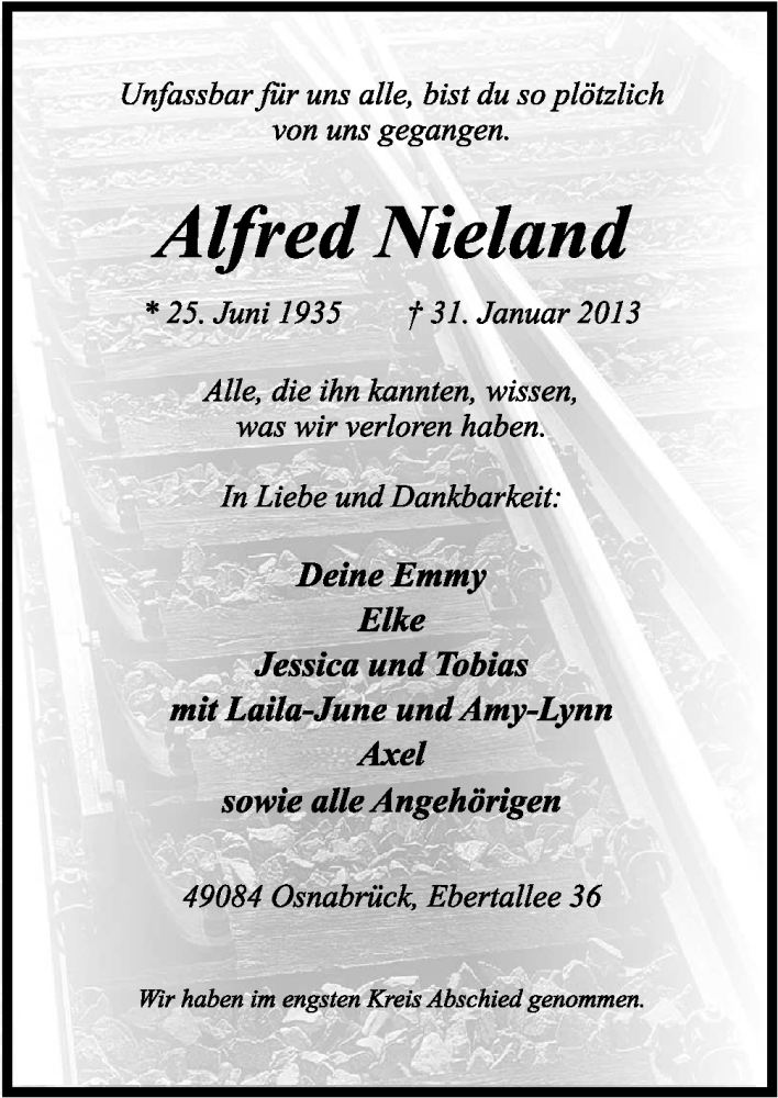  Traueranzeige für Alfred Nieland vom 08.02.2013 aus Neue Osnabrücker Zeitung GmbH & Co. KG