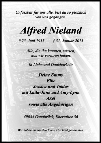 Traueranzeige von Alfred Nieland von Neue Osnabrücker Zeitung GmbH & Co. KG