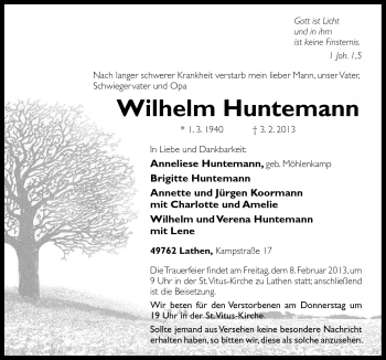 Traueranzeige von Wilhelm Huntemann von Neue Osnabrücker Zeitung GmbH & Co. KG