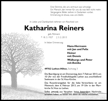 Traueranzeige von Katharina Reiners von Neue Osnabrücker Zeitung GmbH & Co. KG