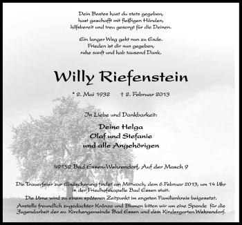 Traueranzeige von Willy Riefenstein von Neue Osnabrücker Zeitung GmbH & Co. KG