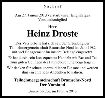 Traueranzeige von Heinz Droste von Neue Osnabrücker Zeitung GmbH & Co. KG