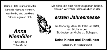 Traueranzeige von Anna Niemöller von Neue Osnabrücker Zeitung GmbH & Co. KG