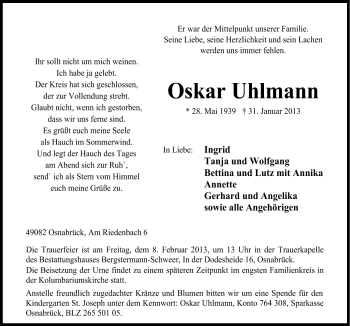 Traueranzeige von Oskar Uhlmann von Neue Osnabrücker Zeitung GmbH & Co. KG