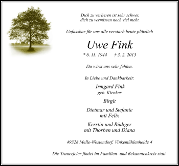 Traueranzeige von Uwe Fink von Neue Osnabrücker Zeitung GmbH & Co. KG
