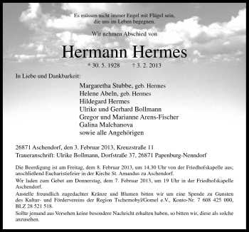 Traueranzeige von Hermann Hermes von Neue Osnabrücker Zeitung GmbH & Co. KG