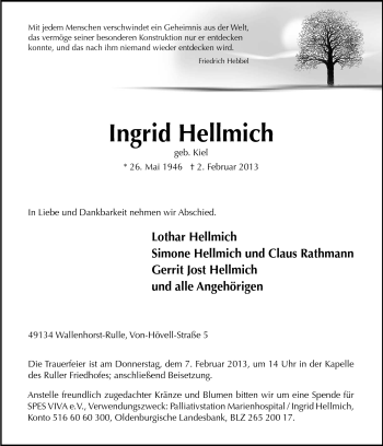 Traueranzeige von Ingrid Hellmich von Neue Osnabrücker Zeitung GmbH & Co. KG