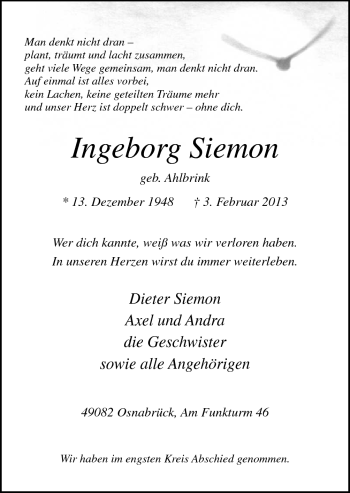 Traueranzeige von Ingeborg Siemon von Neue Osnabrücker Zeitung GmbH & Co. KG