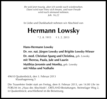 Traueranzeige von Hermann Lowsky von Neue Osnabrücker Zeitung GmbH & Co. KG