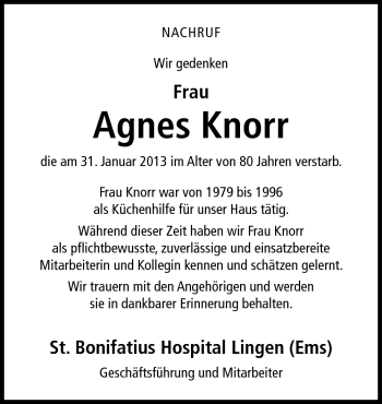 Traueranzeige von Agnes Knorr von Neue Osnabrücker Zeitung GmbH & Co. KG