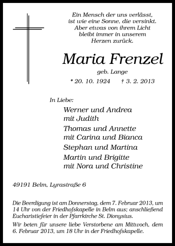 Traueranzeige von Maria Frenzel von Neue Osnabrücker Zeitung GmbH & Co. KG