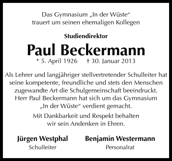 Traueranzeige von Paul Beckermann von Neue Osnabrücker Zeitung GmbH & Co. KG
