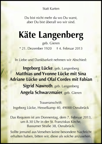 Traueranzeige von Käte Langenberg von Neue Osnabrücker Zeitung GmbH & Co. KG