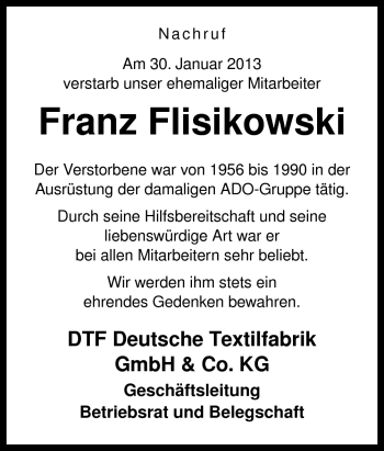 Traueranzeige von Franz Flisikowski von Neue Osnabrücker Zeitung GmbH & Co. KG