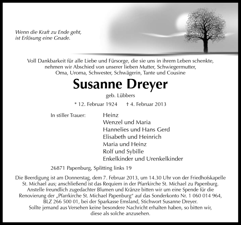  Traueranzeige für Susanne Dreyer vom 06.02.2013 aus Neue Osnabrücker Zeitung GmbH & Co. KG