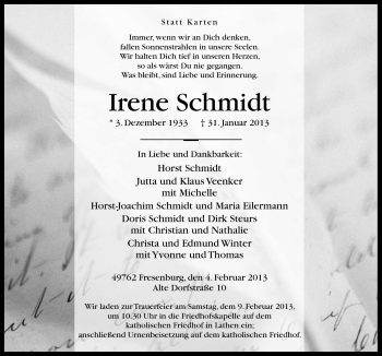Traueranzeige von Irene Schmidt von Neue Osnabrücker Zeitung GmbH & Co. KG