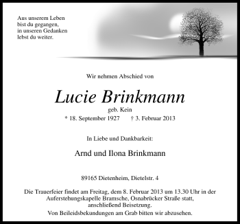 Traueranzeige von Lucie Brinkmann von Neue Osnabrücker Zeitung GmbH & Co. KG