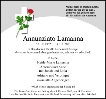 Traueranzeige von Annunziato Lamanna von Neue Osnabrücker Zeitung GmbH & Co. KG