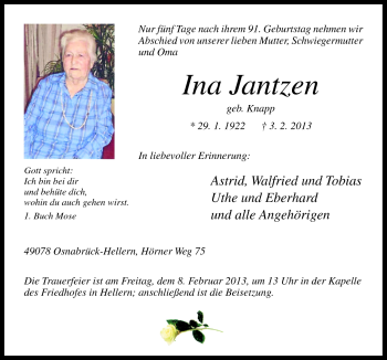 Traueranzeige von Ina Jantzen von Neue Osnabrücker Zeitung GmbH & Co. KG