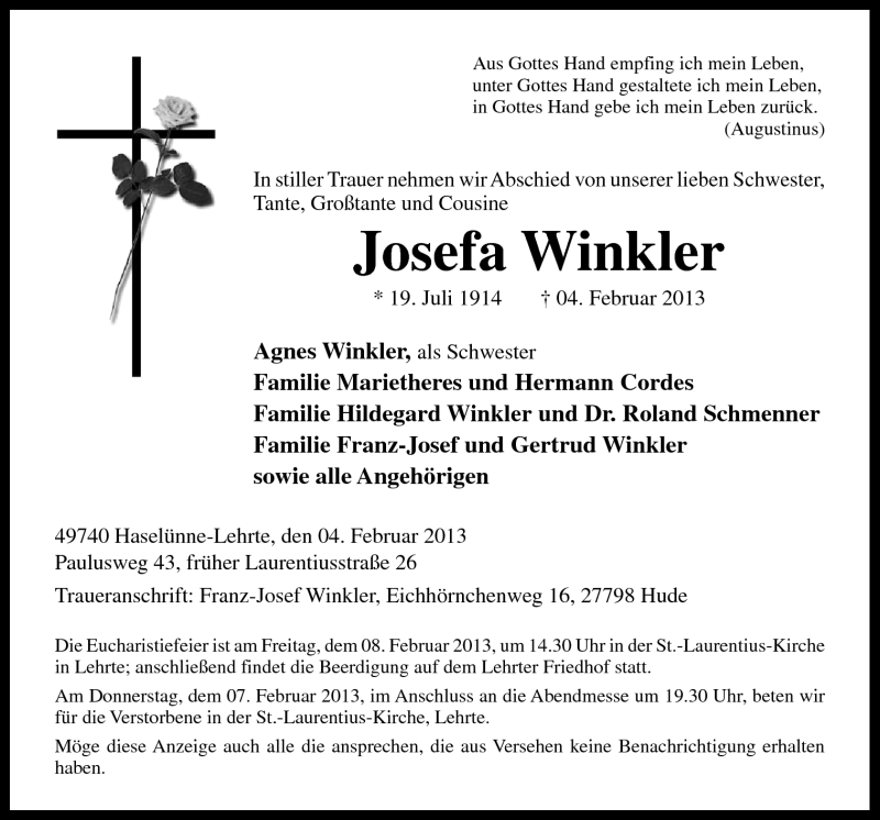  Traueranzeige für Josefa Winkler vom 06.02.2013 aus Neue Osnabrücker Zeitung GmbH & Co. KG