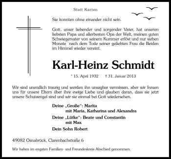 Traueranzeige von Karl-Heinz Schmidt von Neue Osnabrücker Zeitung GmbH & Co. KG