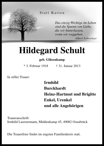 Traueranzeige von Hildegard Schult von Neue Osnabrücker Zeitung GmbH & Co. KG