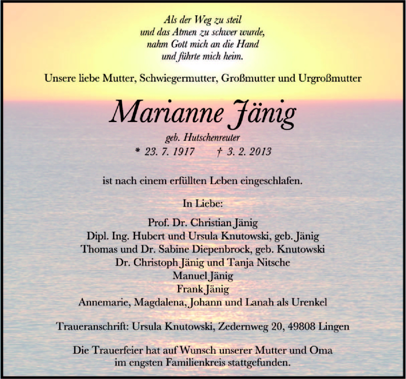  Traueranzeige für Marianne Jänig vom 12.02.2013 aus Neue Osnabrücker Zeitung GmbH & Co. KG