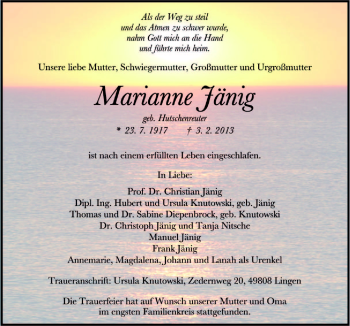 Traueranzeige von Marianne Jänig von Neue Osnabrücker Zeitung GmbH & Co. KG