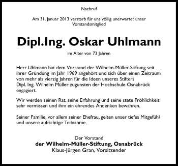 Traueranzeige von Oskar Uhlmann von Neue Osnabrücker Zeitung GmbH & Co. KG