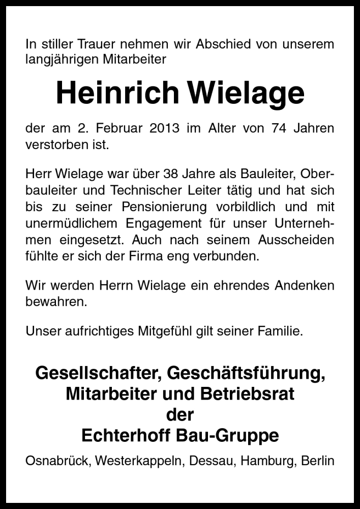  Traueranzeige für Heinrich Wielage vom 06.02.2013 aus Neue Osnabrücker Zeitung GmbH & Co. KG